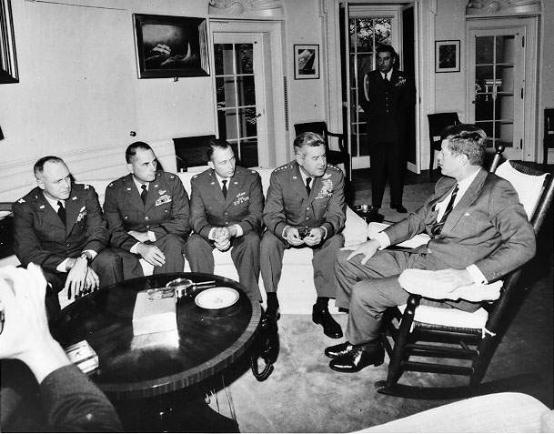 President Kennedy meets in the Oval Office with the pilots who flew reconnaissance missions over Cuba, October 1962
